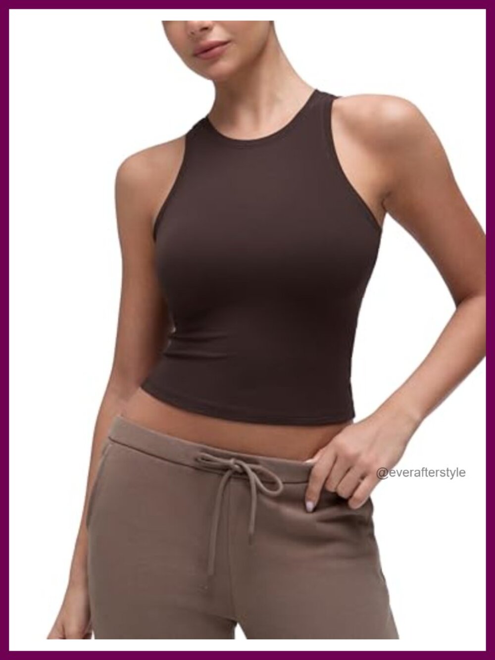 High Neck Waist Length Racerback Tank Top Fitted Sleeveless Crew Neck